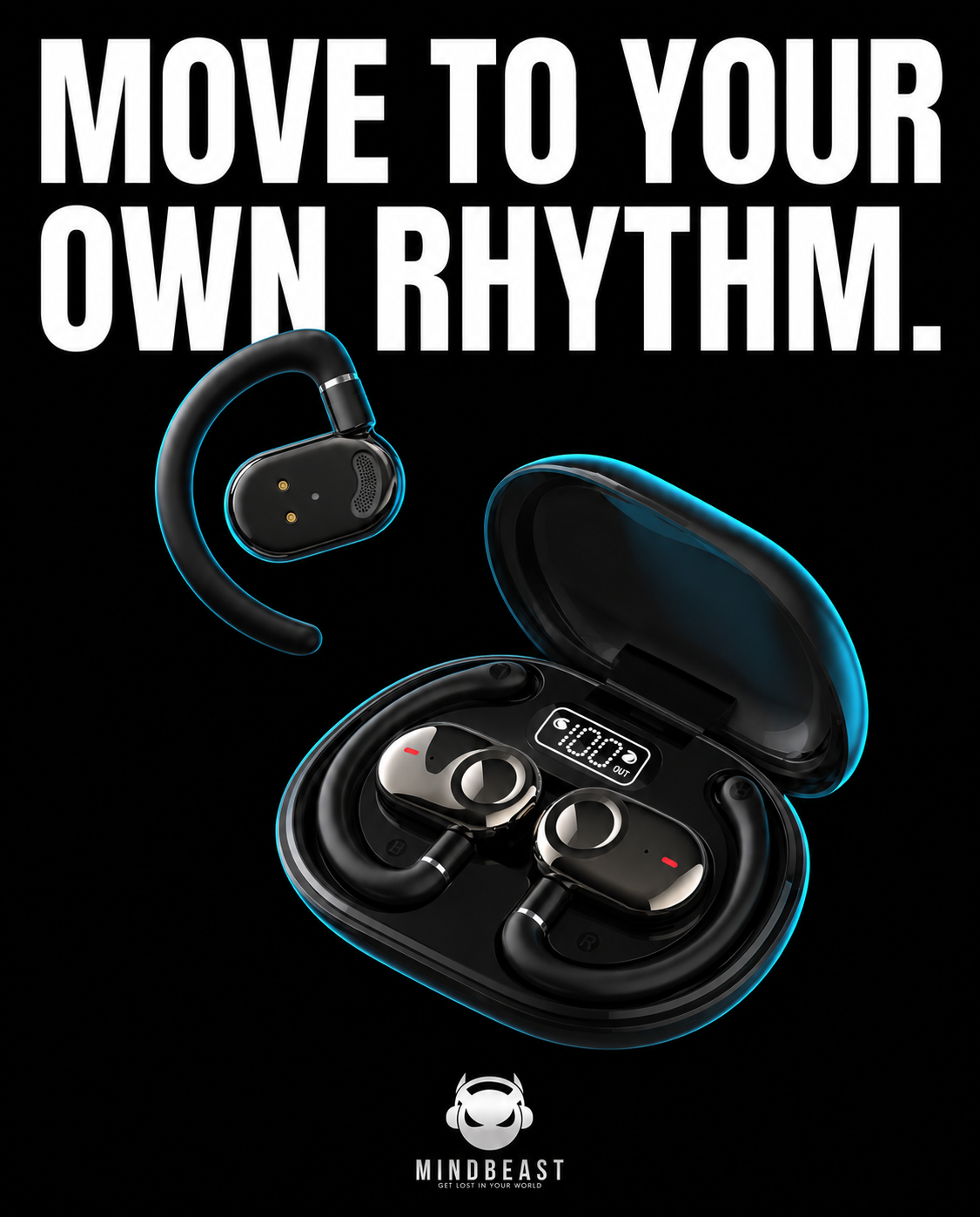 Phantom Black MINDBEAST OpenBass Fit earbuds and charging case